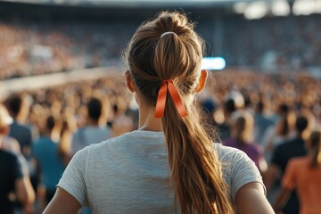 A poised female athlete stands confidently before an enthusiastic stadium crowd, donning a ponytail and ribbon, ready to compete in an uplifting sports event.