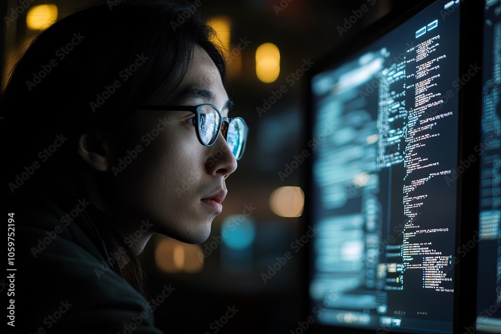 Poster young programmer in glasses focused on coding at a dimly lit workstation during evening hours in a t