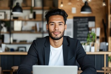Fototapeta premium A young man with dark hair concentrating on a laptop in a cozy, ambient coffee shop, embodying the freelance lifestyle and modern work flexibility.