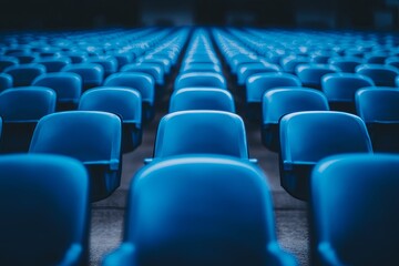 Empty blue stadium seats arranged in neat rows, creating a striking visual effect during a quiet day. Generative AI