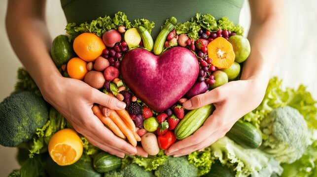 Woman's hands in heart shape on stomach with surrounding fruits and vegetables, symbolizing wellness and digestive health - Powered by Adobe