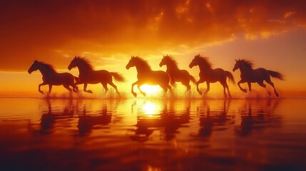 Obraz premium A herd of horses runs through the water at sunset, their silhouettes outlined against the vibrant orange sky.