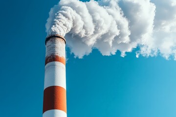 White smoke flows from a tall industrial chimney, contrasting vividly against the clear blue sky, symbolizing the ongoing environmental challenges of our era.