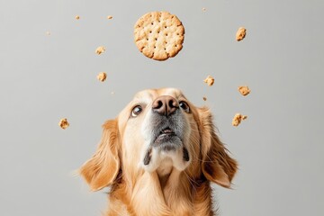 This image captures a Golden Retriever focused on a biscuit in the air, surrounded by flying crumbs, reflecting a playful and fun moment, full of movement and joy.
