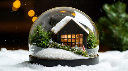 Naklejka premium Cozy tea shop snow globe with holiday lights and snow falling, creating warm and festive atmosphere. Perfect for winter decor and holiday spirit