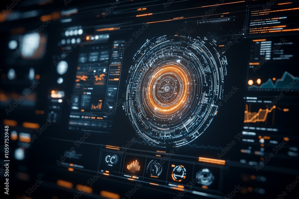 Poster a complex digital interface displaying futuristic circular data visualization patterns, featuring vi
