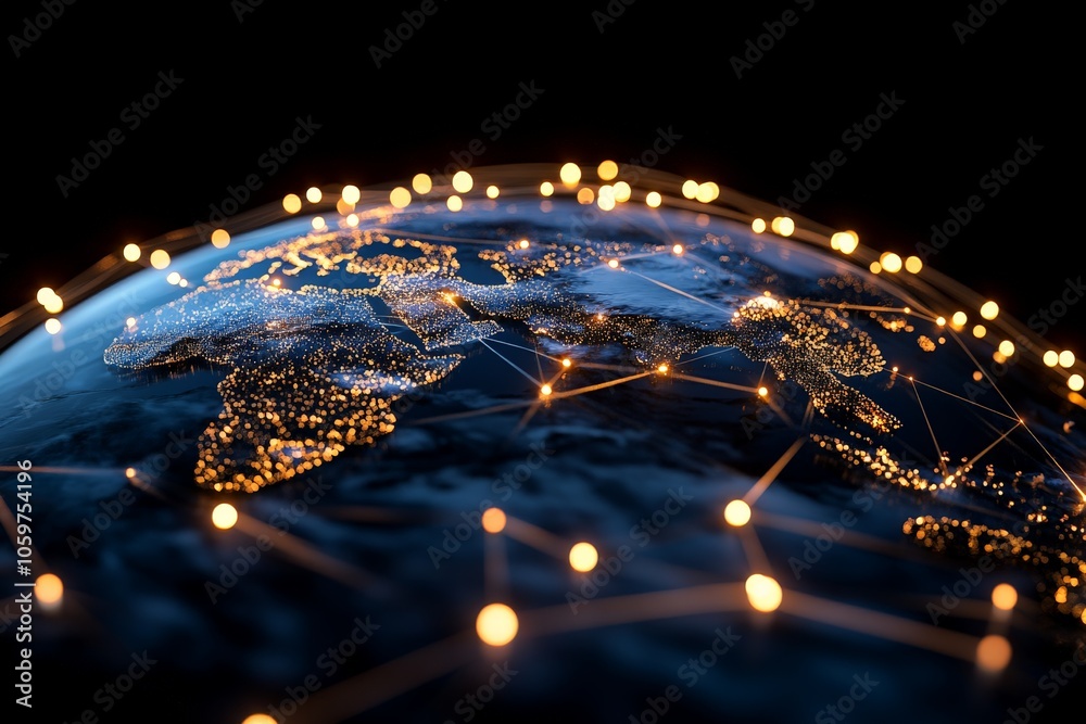 Poster an artistic representation of a globally connected digital network, showcasing glowing nodes and int