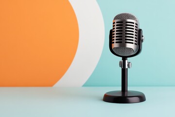 A vintage microphone sits on a turquoise background, complemented by an orange and white design element, blending retro charm with a modern aesthetic.