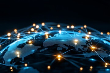 Fototapeta premium A digital representation of global connectivity showcasing a world map lit with blue and orange points, symbolizing advanced communication networks.