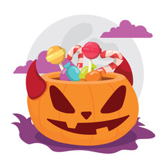 Fototapeta premium Devil-horned Halloween pumpkin with candy treats, Vector