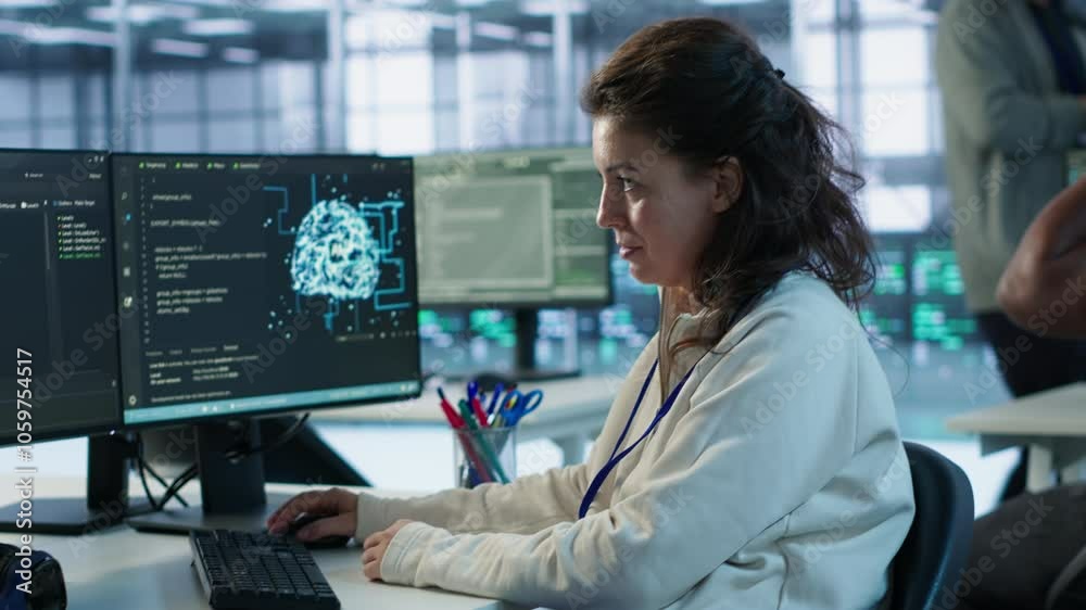 Poster developer listening music while programming in ai data center used for machine learning training. it