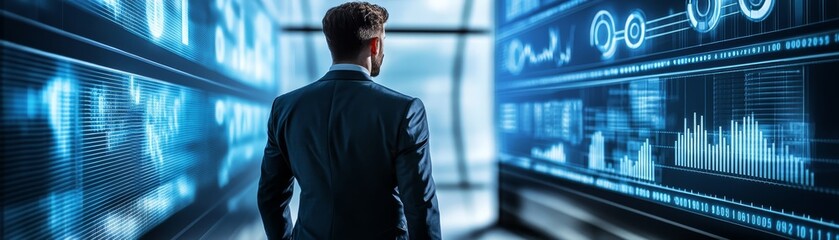 Fototapeta premium Man in suit analyzing digital screen, business technology and innovation in the modern workplace