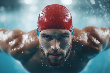 Close-up underwater view of a swimmer's fierce expression, wearing a red cap, emphasizing focus and determination in competitive swimming within a pool setting.