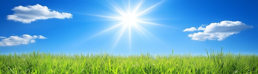 Fototapeta premium Vibrant blue sky meets lush green grass, a serene natural landscape photography lush