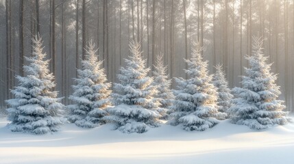 Obraz premium Snow-Covered Pine Trees in a Misty Winter Forest