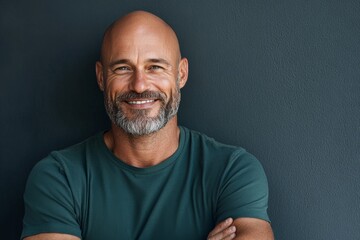 Obraz premium A bald man with a welcoming smile, wearing a green shirt and standing with his arms crossed, communicating friendliness and open-mindedness against a textured wall.