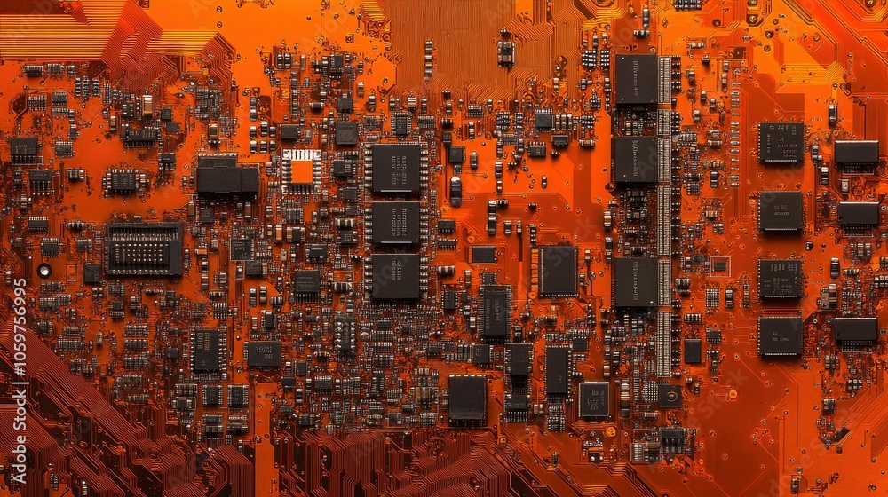 Poster macro shot of orange circuitry board with focused microchip, cutting-edge technology theme