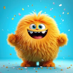 Fototapeta premium A cheerful, fluffy orange creature celebrating with confetti in a vibrant setting.