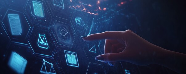 Futuristic Digital Interface with Hand Touching Virtual Display