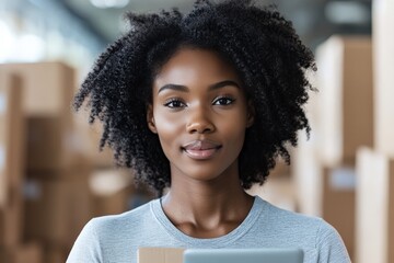 Fototapeta premium A woman with natural curly hair is standing in a warehouse setting, holding a package and gazing softly at the camera, exuding confidence and positivity.