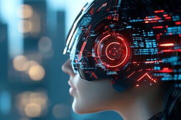 A close-up view of a person wearing an advanced augmented reality headset, surrounded by digital data, capturing the essence of futuristic technology integration.