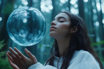 Naklejka premium A meditative woman embraces a clear orb with a focused gaze in her hands within a tranquil forest setting, representing clarity and peace in a serene atmosphere.