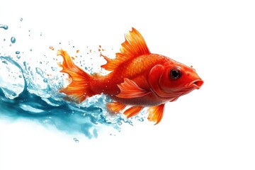 Goldfish swimming in clear water with white isolated background.