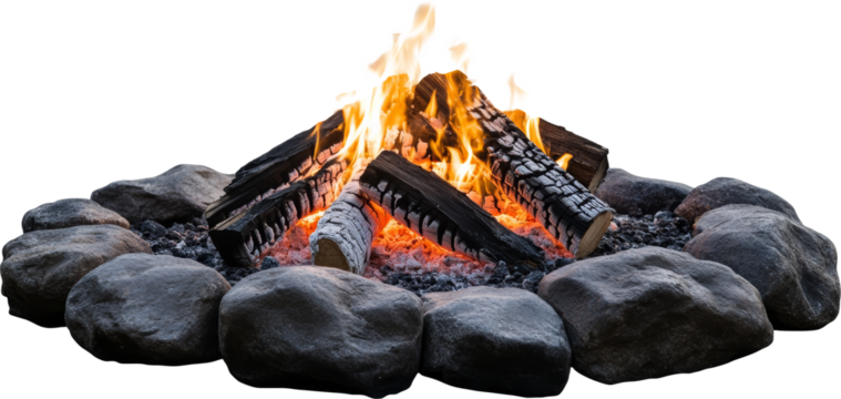 Campfire with glowing embers surrounded by rocks, cozy outdoors concept