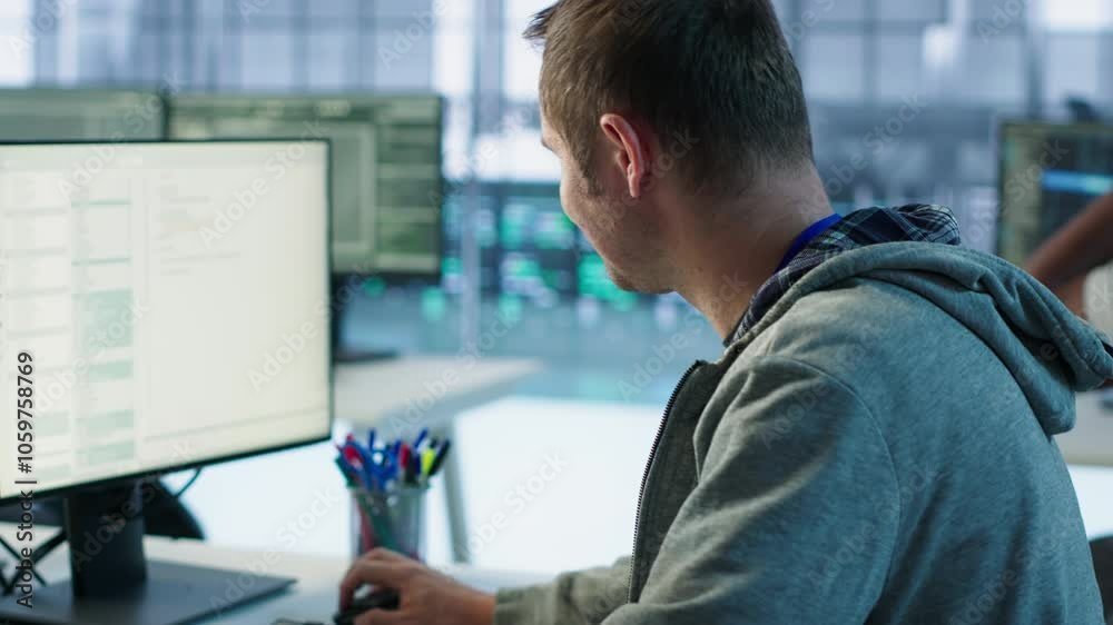 Poster system administrator in server room doing system analysis, coding supercomputers. specialist working