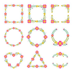 Vector shape of pink and orange flowers frame, Floral border box label of wreath with branch and leaves