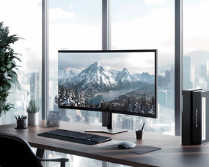 Fototapeta premium Sleek Desktop Computer Set Up in a Trendy Workspace: Modern Productivity