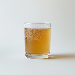 Glass of fizzy kombucha with rising bubbles on white background. Fizzy kombucha drink with bubbles; plain white backdrop.