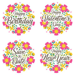 Vector pink and orange flower greeting text template for birthday, valentine day and happy new year