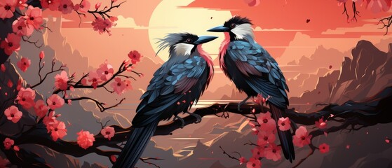 Fototapeta premium Romantic Hornbills Among Blossoms at Sunset