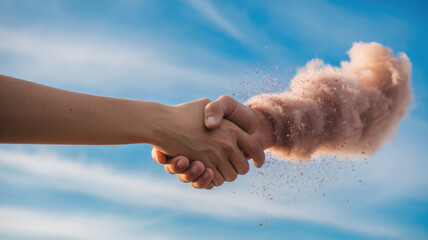A close-up of a handshake between two hands against a bright blue sky, with a cloud of pink dust emanating from their connection, symbolizing unity and collaboration.