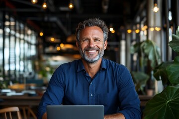 Obraz premium A smiling man is seated at a table surrounded by lush plants and warm lights, emanating happiness, modernity, and a harmonious blend of man with nature.
