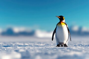 Obraz premium Penguin standing on snow, clear blue sky in the background.