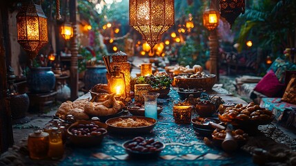 Obraz premium A Festive Middle Eastern Feast Under Lanterns