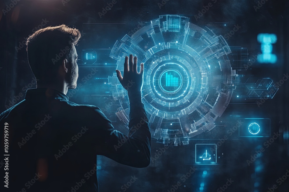 Poster a person interacts with a futuristic digital interface displaying data analytics in a dark, immersiv