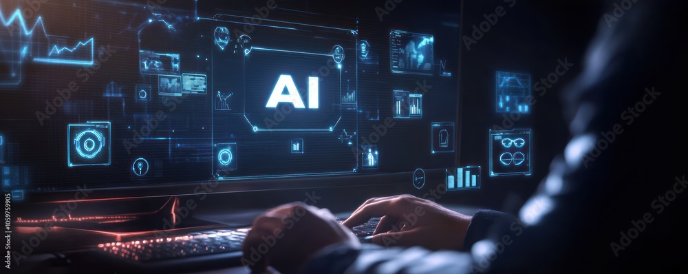 Wall mural ai-driven workspace with high-tech computer interface at night