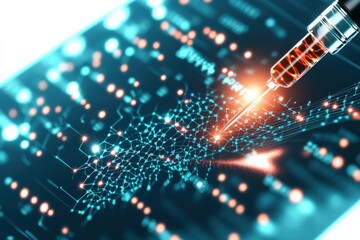 Obraz premium Syringe injecting a digital network, representing technology and healthcare.