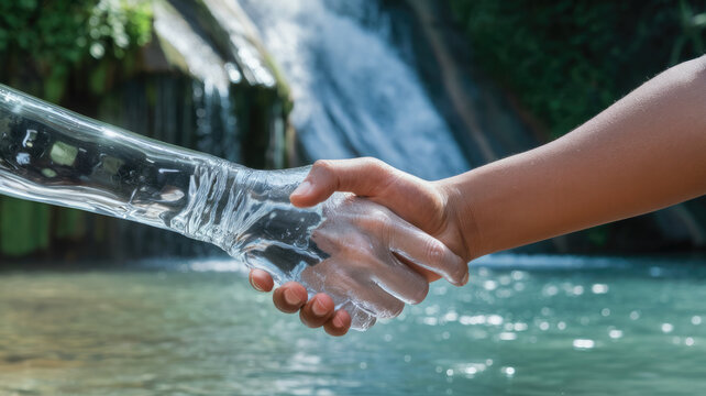 A human hand shakes with a clear, water-like robotic hand at a tranquil waterfall backdrop, symbolizing unity between nature and technology.