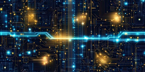 Futuristic Circuit Board with Glowing Connections and Digital Data Pathways in Blue and Gold - Tech Background for AI, Blockchain, Network, Innovation