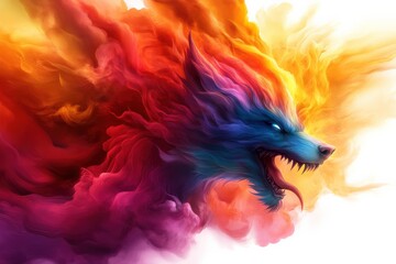 Fototapeta premium Vibrant wolf illustration with colorful smoke, digital art on white background.