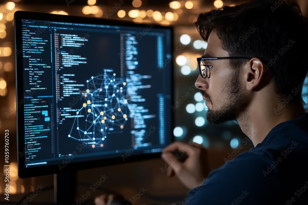 Poster a programmer works diligently on intricate code in a dimly lit room, representing dedication and foc