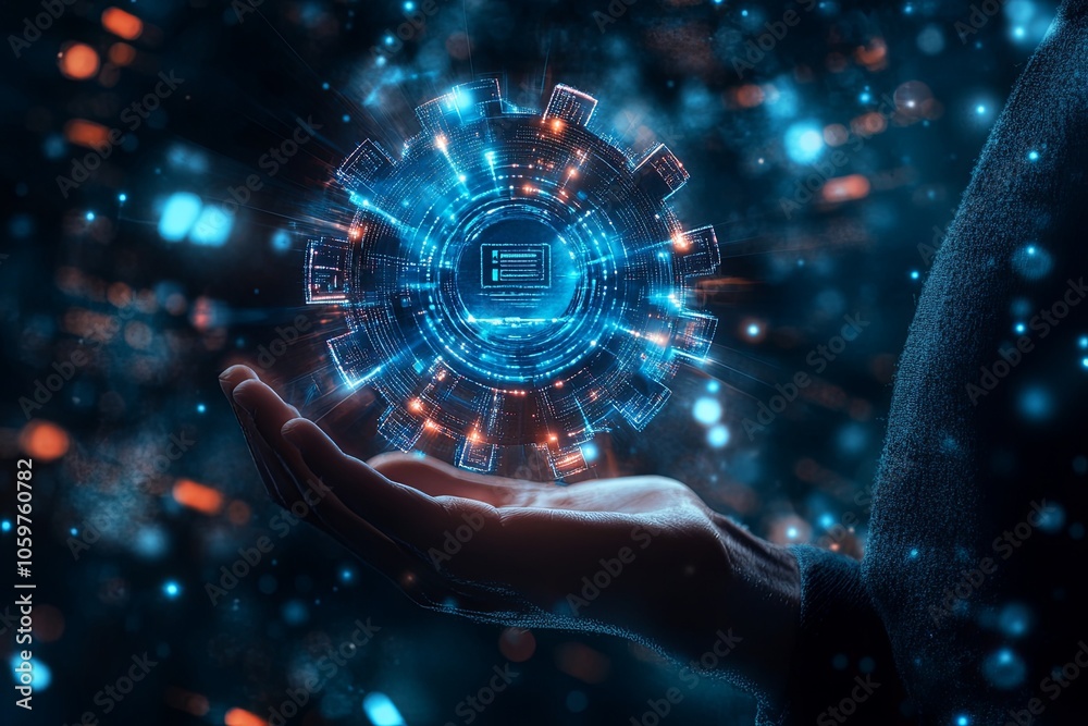 Poster a hand holding a glowing technology sphere in a dark environment displays advanced digital connectio