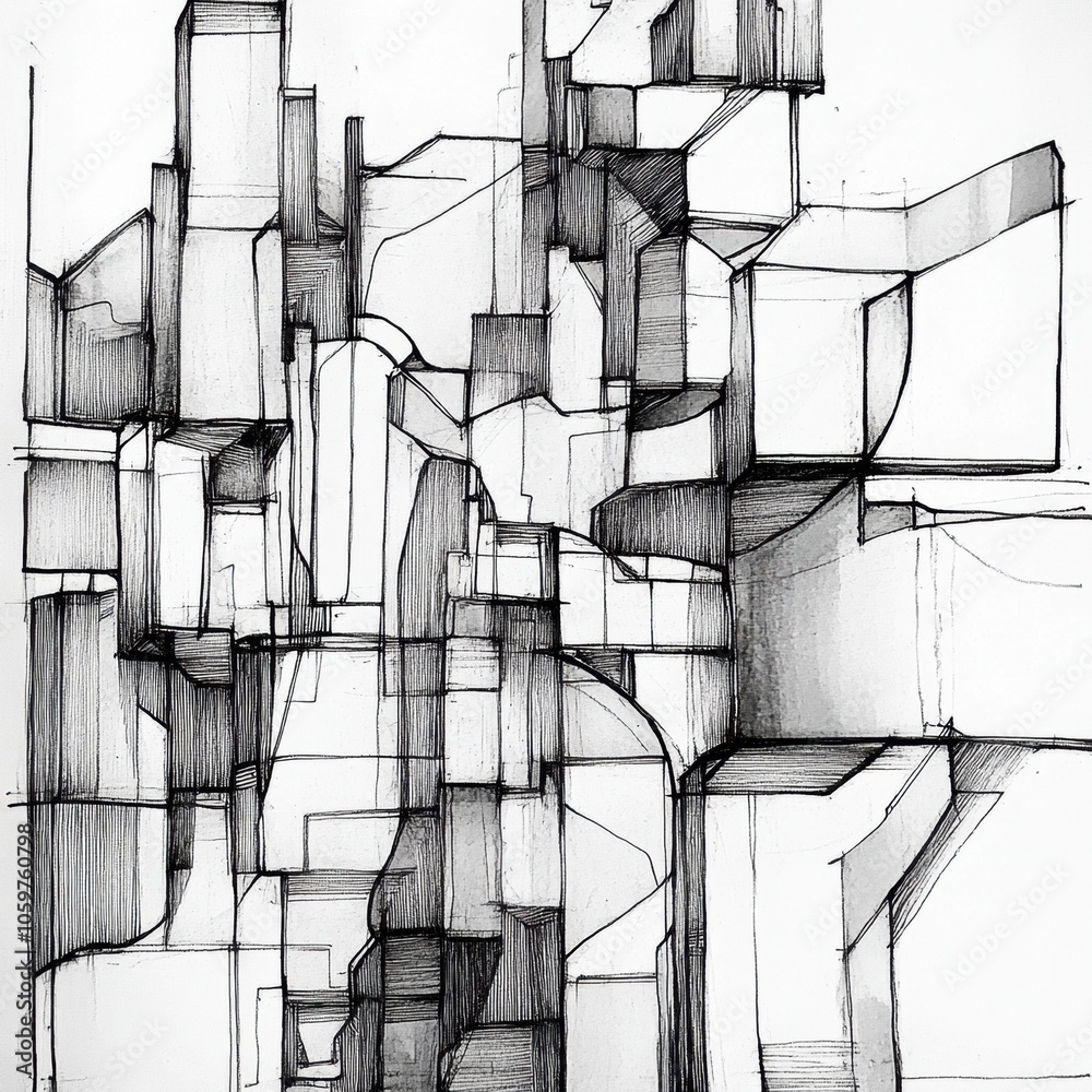 Poster this artwork showcases an abstract urban landscape created with black ink, featuring geometric shape