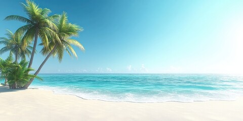 Fototapeta premium Idyllic tropical beach with palm trees and crystal-clear turquoise ocean waves, stunning white sand, sunny day, blue sky perfect for relaxation and travel escape