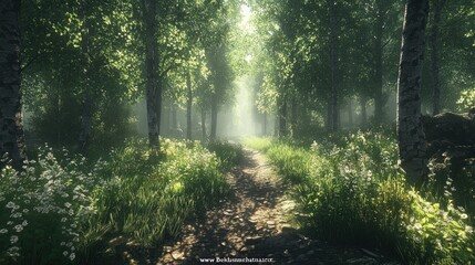 Obraz premium A Sunlit Path Through a Misty Forest