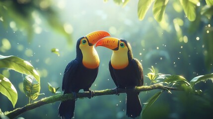 Naklejka premium Two toucans with large beaks are perched on a branch in a lush green rainforest.